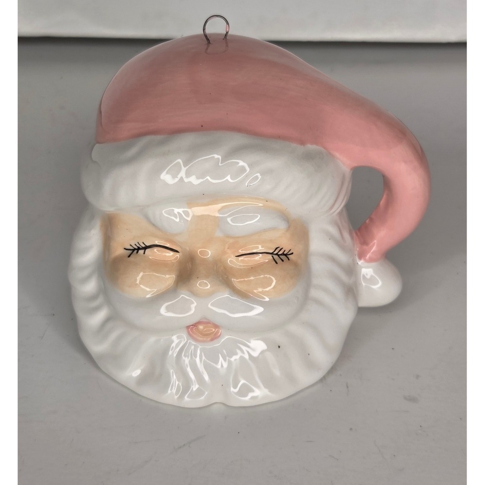 Vintage Style Pastel Pink Santa Claus Head Ceramic Christmas Ornament Winking